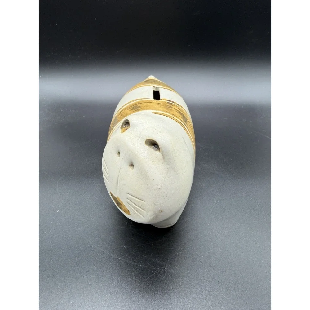 Vintage Pottery Cat Coin Bank Striped Flat Face Earth‎ Tone Decor